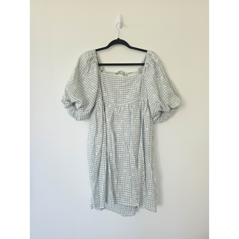Sweet Lemon Gingham Daisy Puff Sleeve Open Back Babydoll Mini Dress Blue L NWT